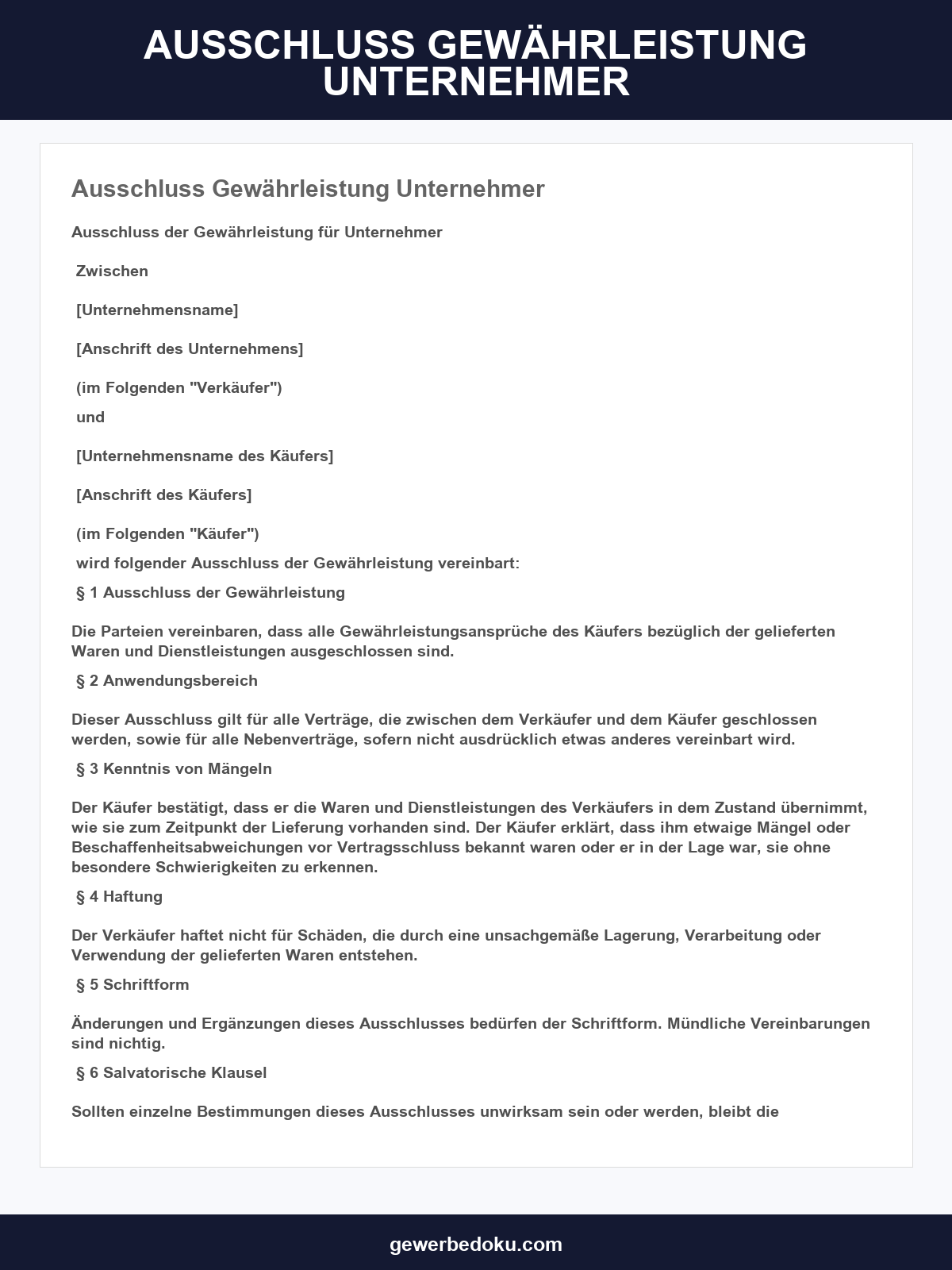 Ausschluss Gewährleistung Unternehmer Muster