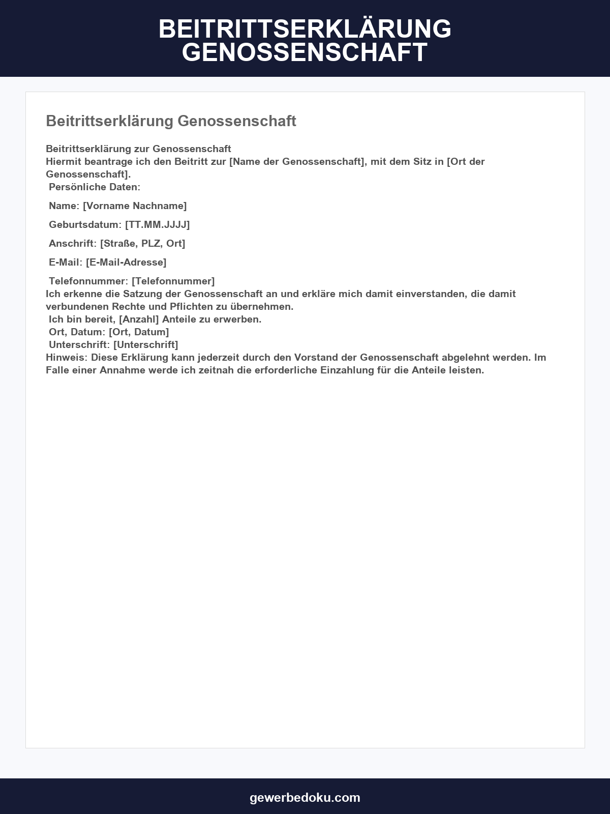 Beitrittserklärung Genossenschaft Muster