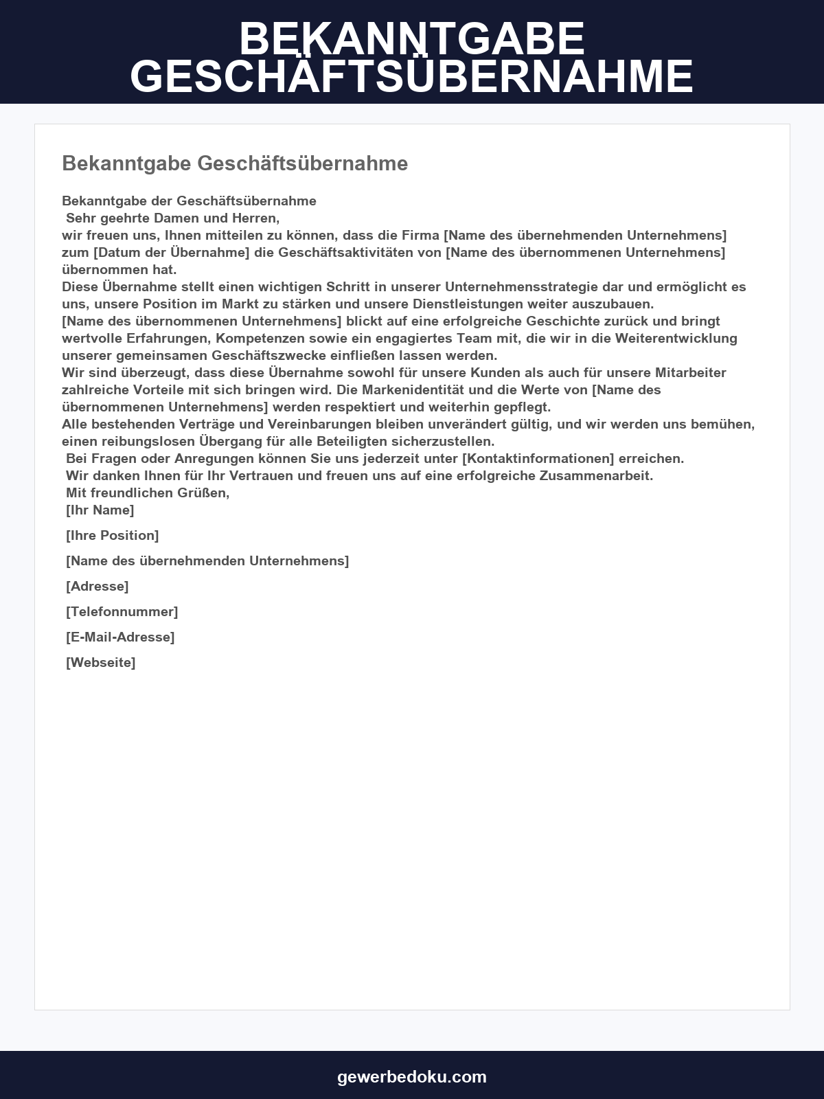 Bekanntgabe Geschäftsübernahme Muster