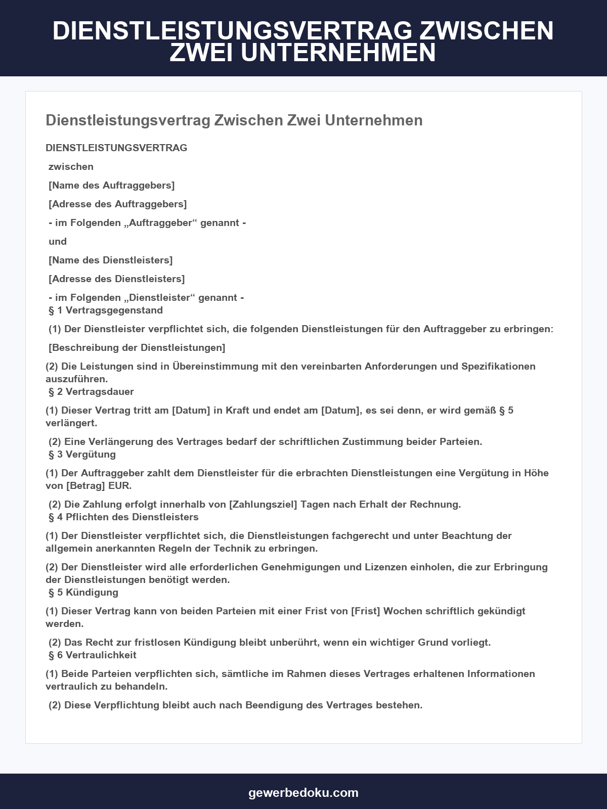 Dienstleistungsvertrag Zwischen Zwei Unternehmen Muster