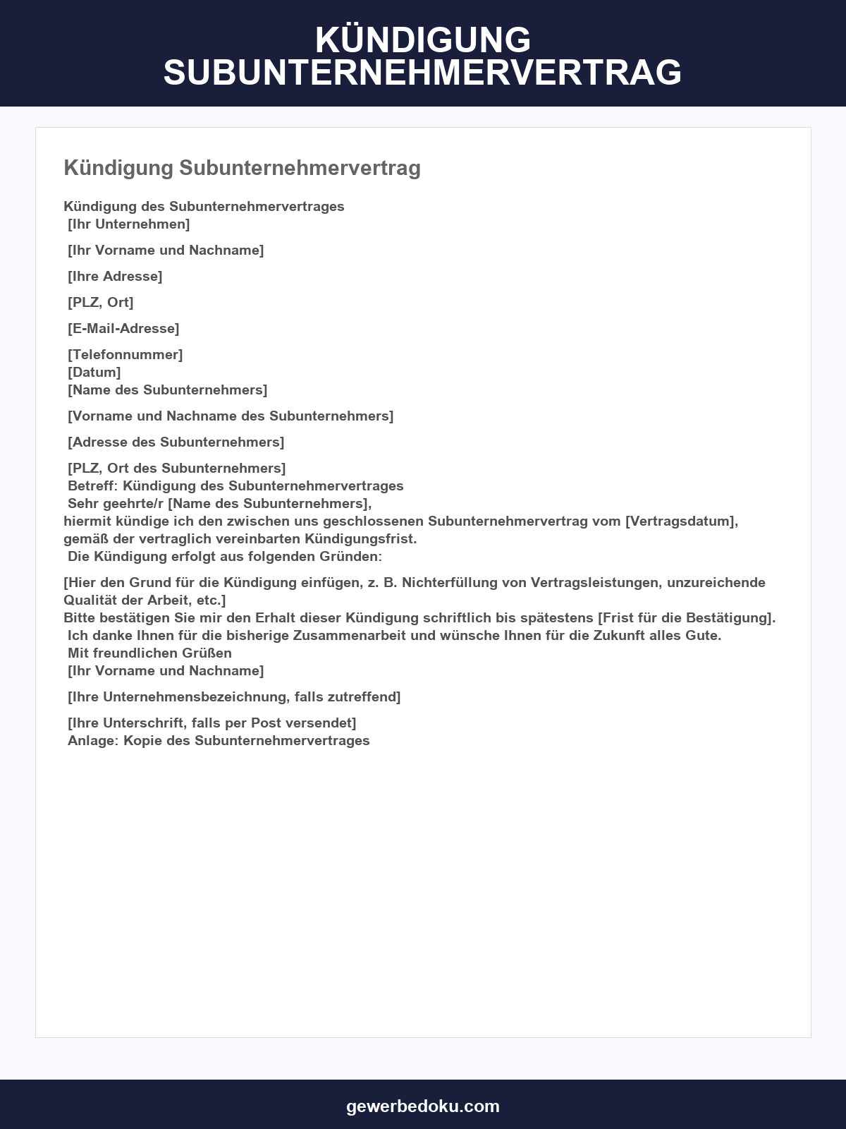 Kündigung Subunternehmervertrag Vorlage
