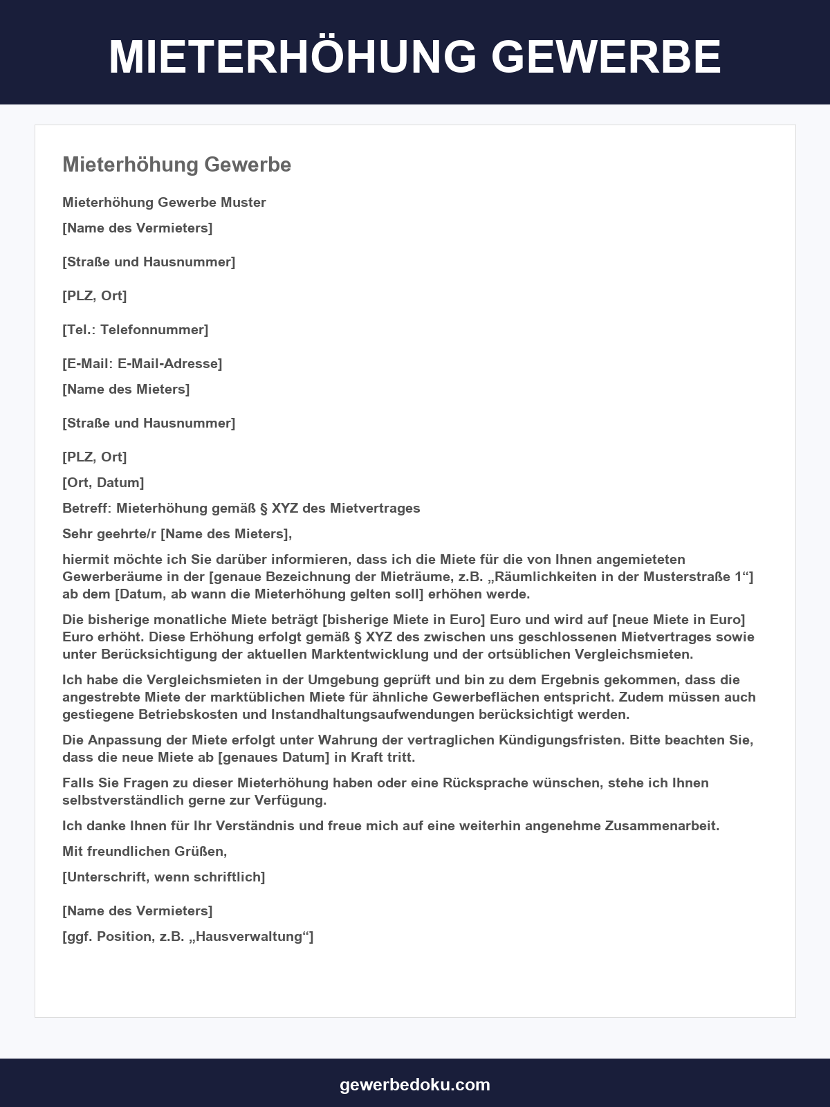 Mieterhöhung Gewerbe Vorlage