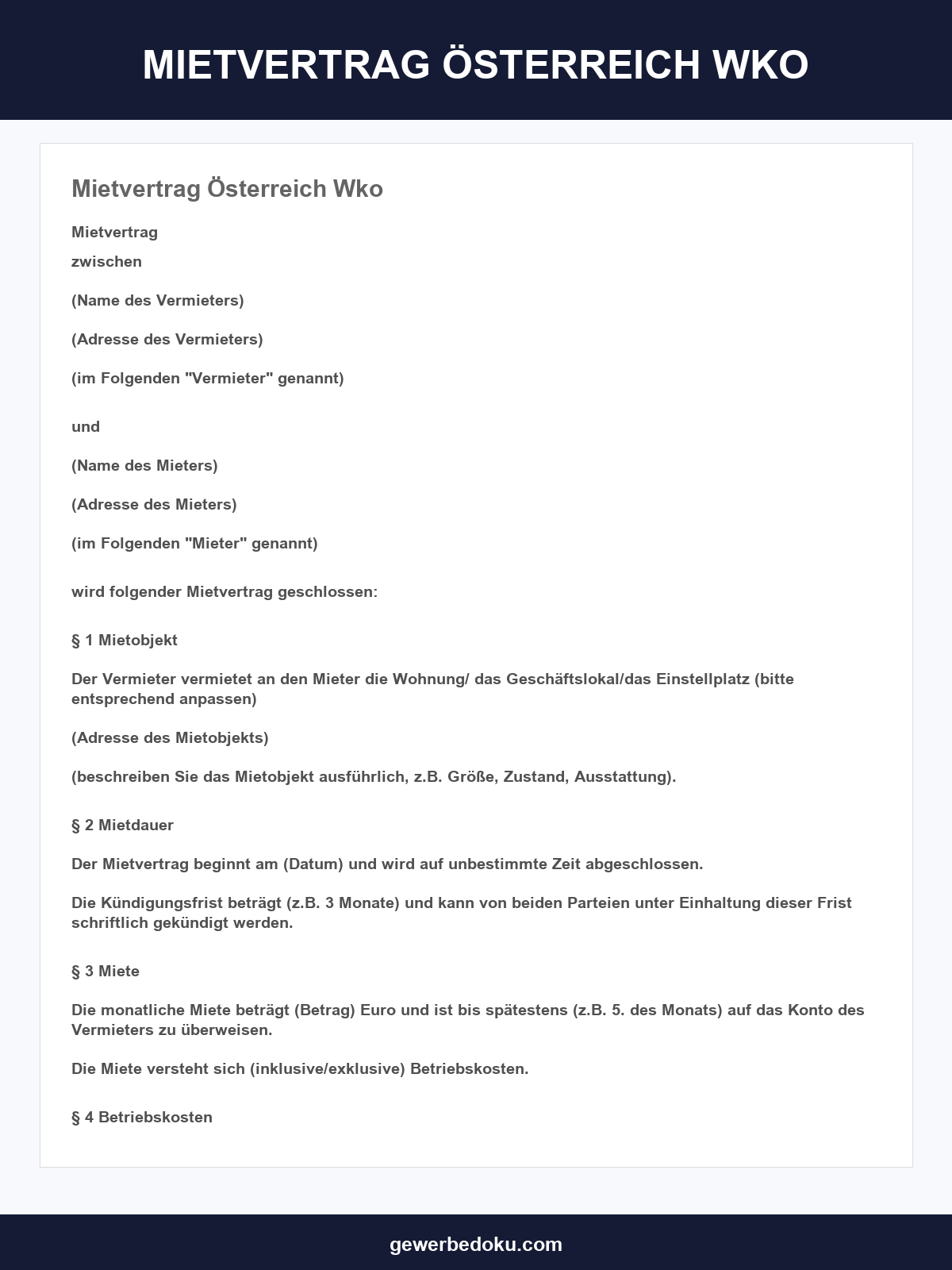 Mietvertrag Vorlage Österreich Wko