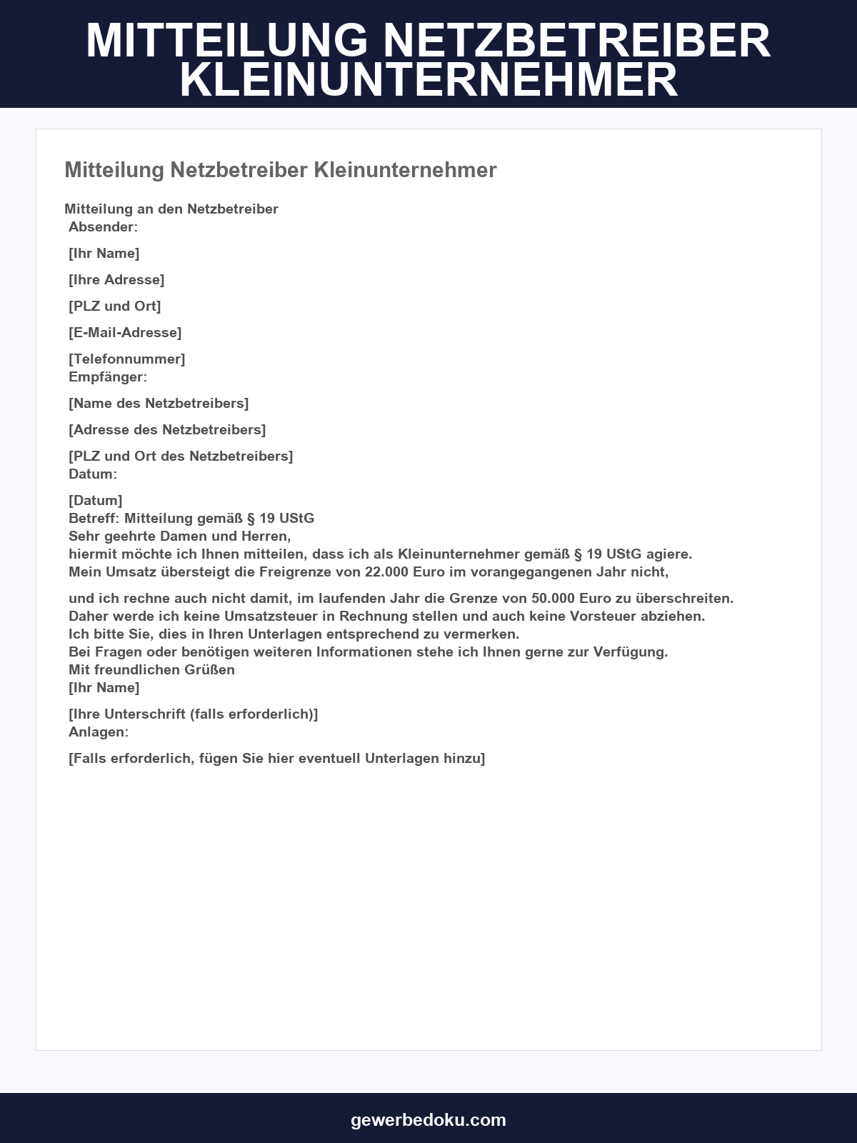 Mitteilung Netzbetreiber Kleinunternehmer Muster
