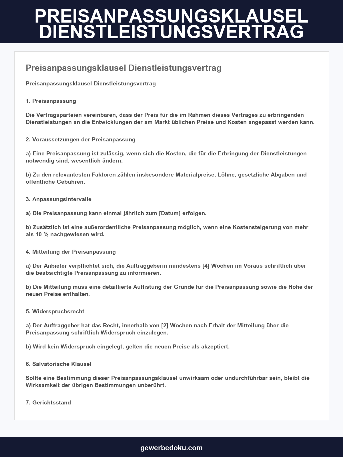 Preisanpassungsklausel Dienstleistungsvertrag Muster