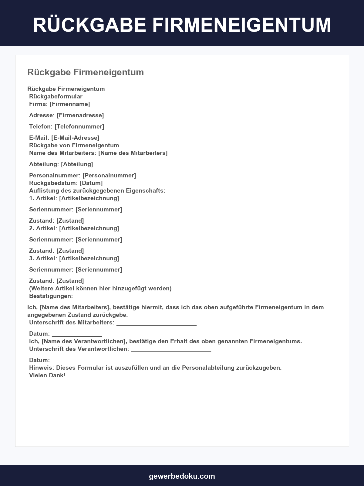 Rückgabe Firmeneigentum Vorlage