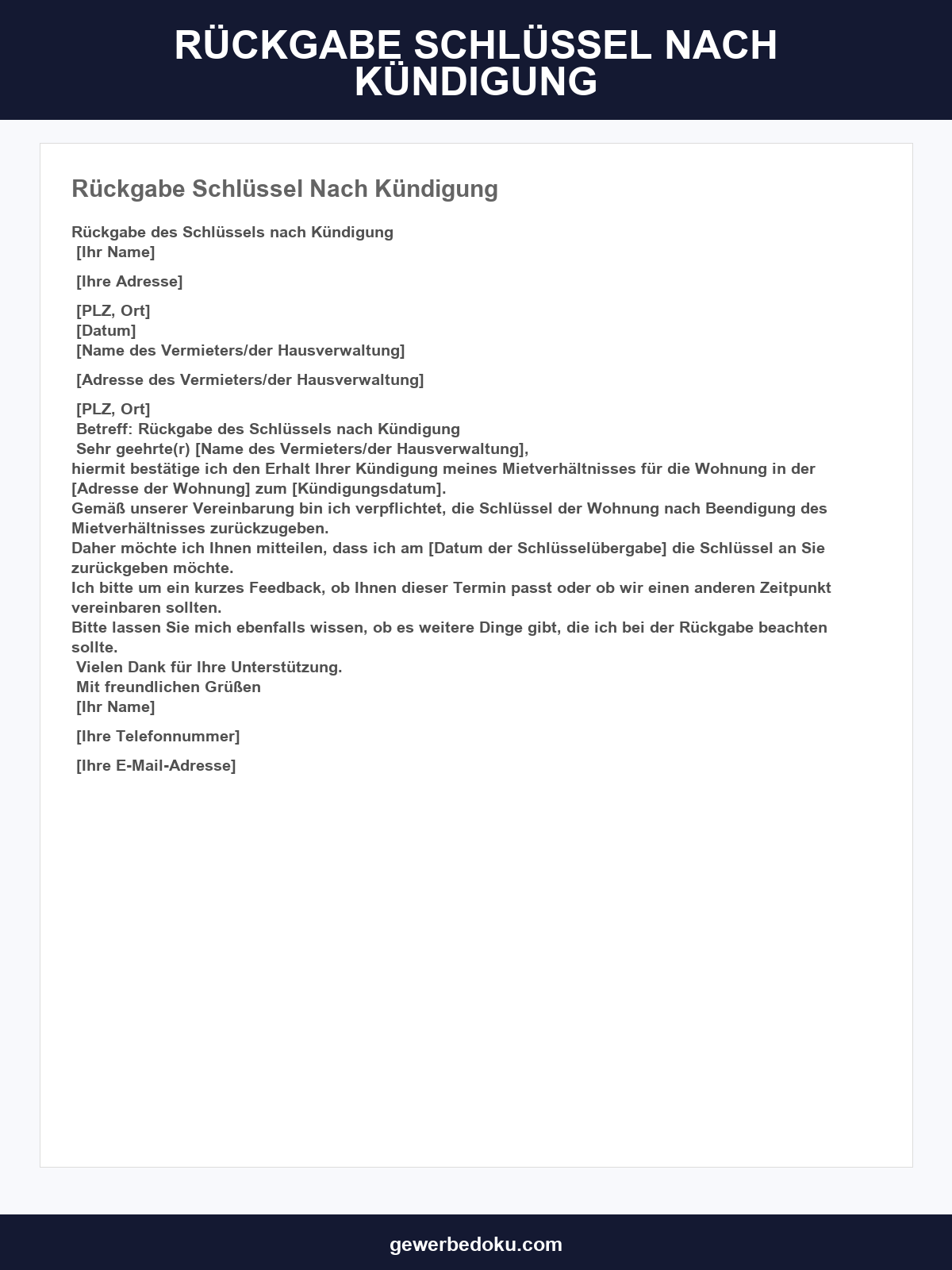 Rückgabe Schlüssel Nach Kündigung Vorlage