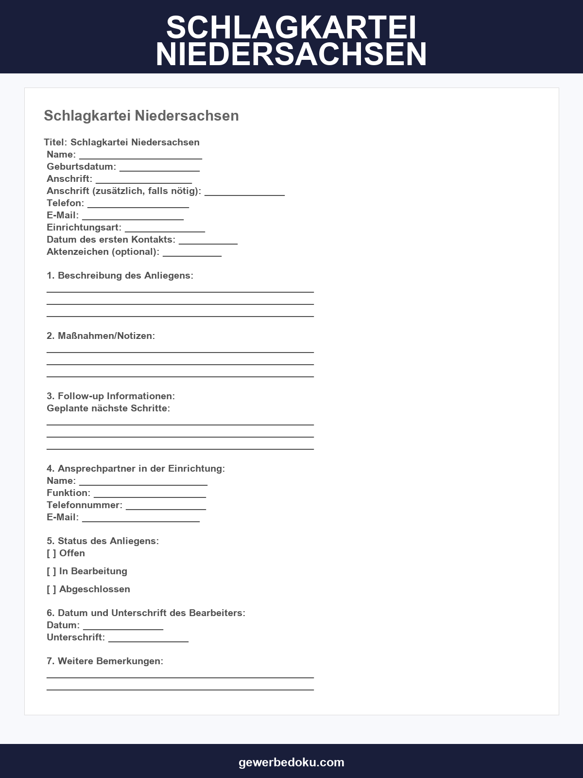 Schlagkartei Vordruck Niedersachsen