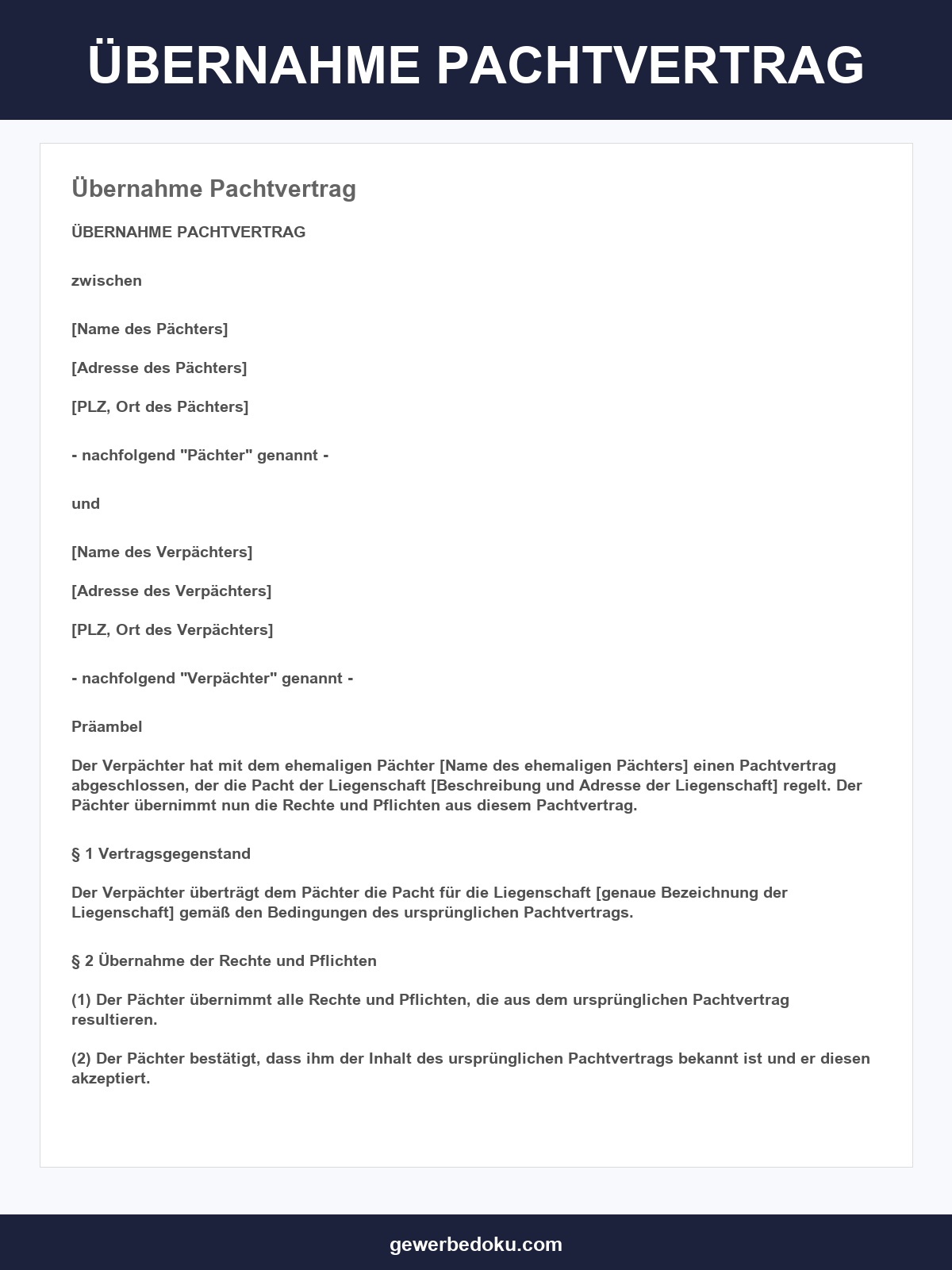 Übernahme Pachtvertrag Muster