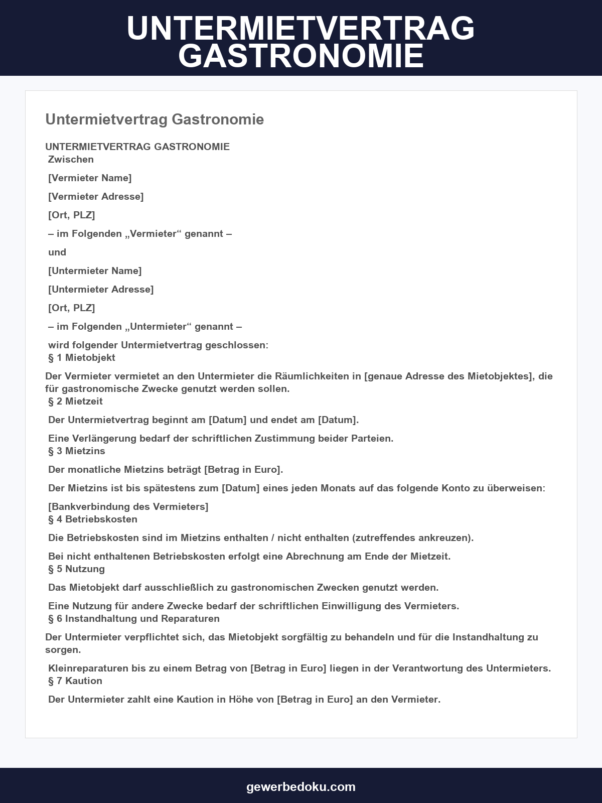 Untermietvertrag Gastronomie Vorlage