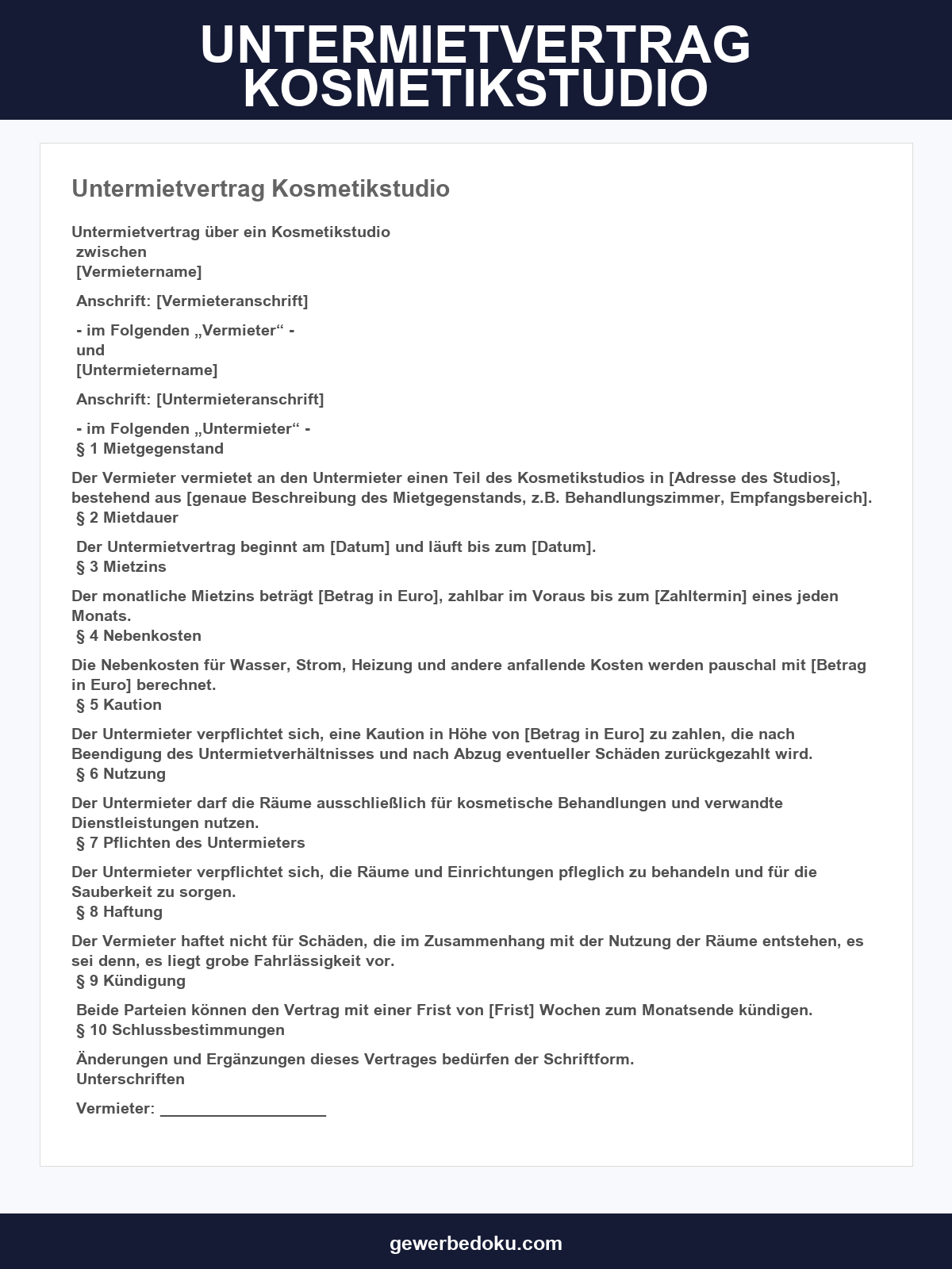 Untermietvertrag Kosmetikstudio Vorlage