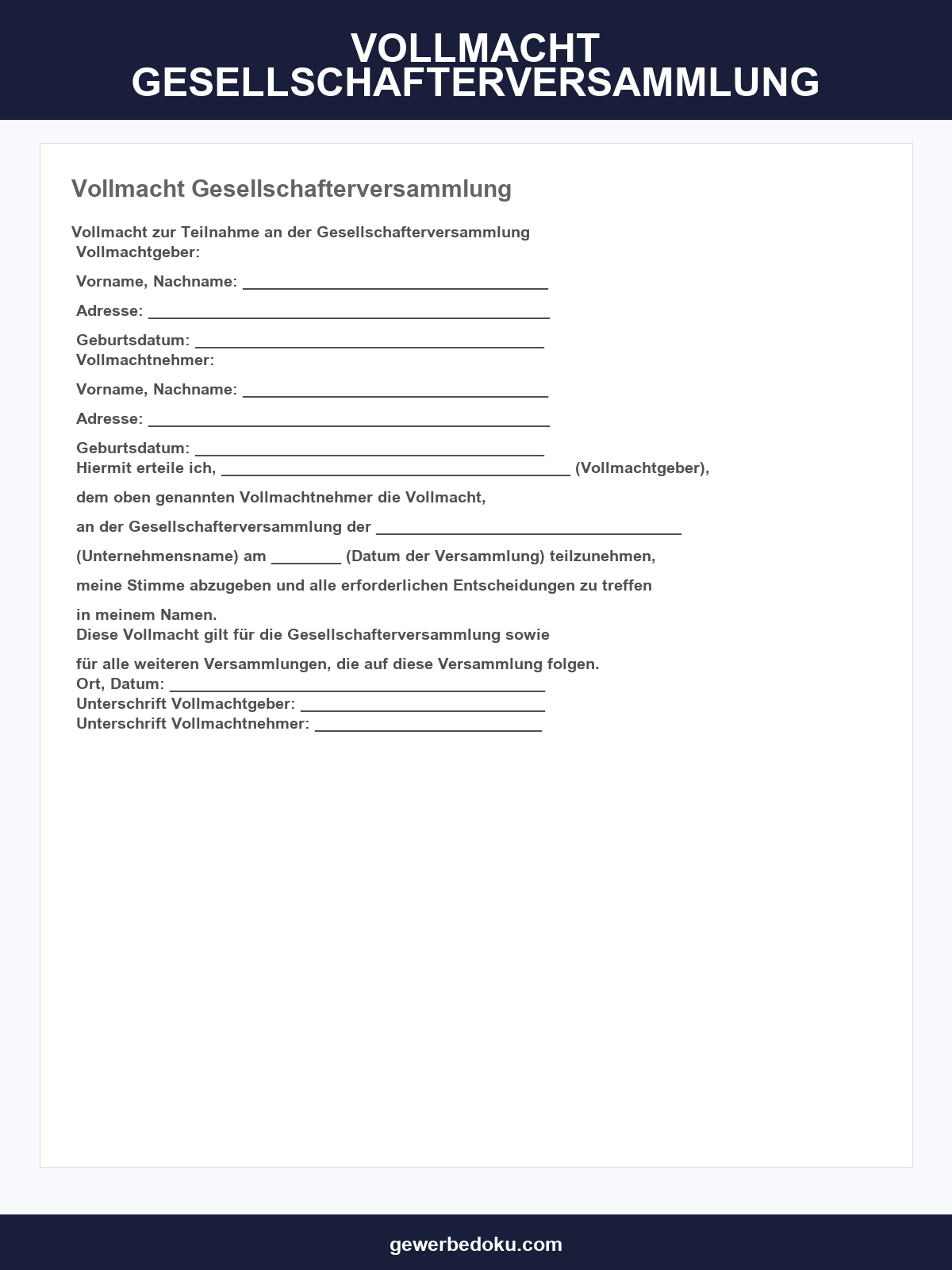 Vollmacht Gesellschafterversammlung Muster